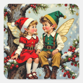 キュートなヴィンテージのエルフの妖精の子供たち クリスマス スクエアシール