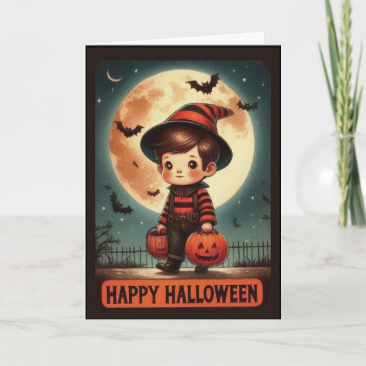 キュートなヴィンテージ風の小さな魔法使いの少年 ハロウィン シーズンカード (正面)