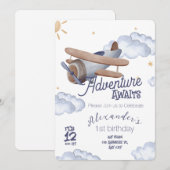 キュートなヴィンテージ飛行機 初めての誕生日冒険の始まり 招待状 (正面/裏面)