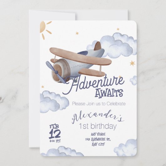 キュートなヴィンテージ飛行機 初めての誕生日冒険の始まり 招待状 (正面)