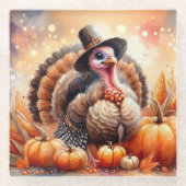 キュートな七面鳥ピルムハットカボキンズコーンサンクスギビング ガラスコースター (正面)