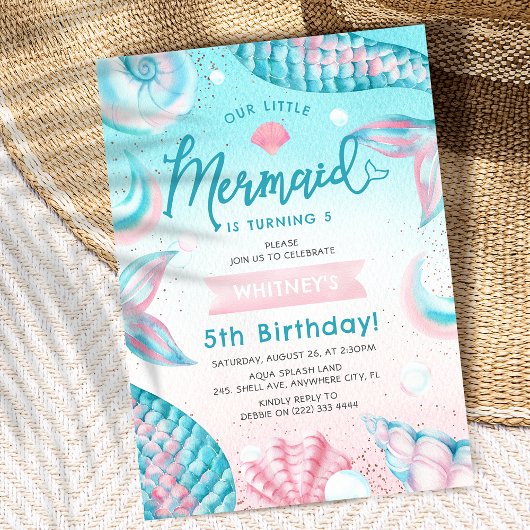 キュートな人魚の女の子の誕生日パーティー招待状 招待状