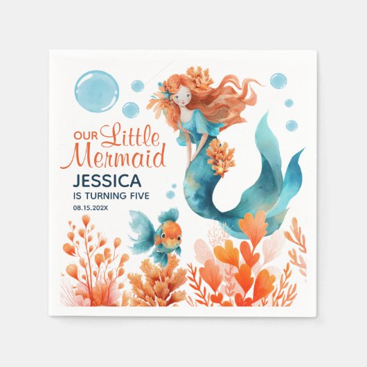 キュートな人魚の水彩画の女の子 子供の誕生日パーティー スタンダードカクテルナプキン (正面)