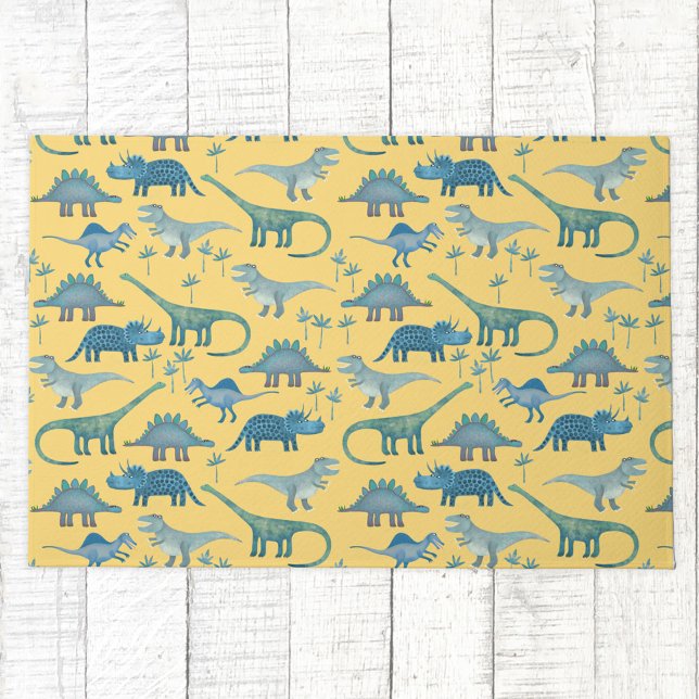 キュートな先史時代の恐竜のパターン黄色 ドアマット (Dinosaur pattern yellow doormat)
