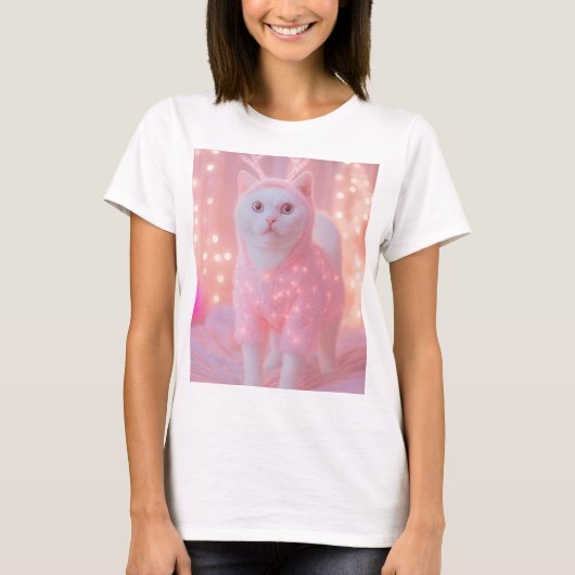 キュートな光るトナカイ猫ちゃんのウィンターファンタジー Tシャツ (正面)