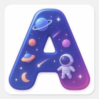 キュートな光沢のあるスペースアルファベットの文字A - ギャラクシーテーマ スクエアシール