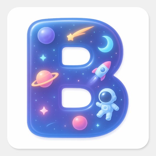 キュートな光沢のあるスペースアルファベット文字B - ギャラクシーテーマ スクエアシール (正面)