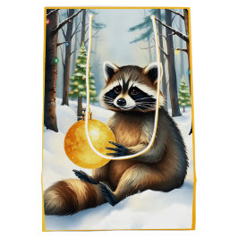 キュートな冬のアライグマとゴールドオーナメント クリスマス ミディアムペーパーバッグ