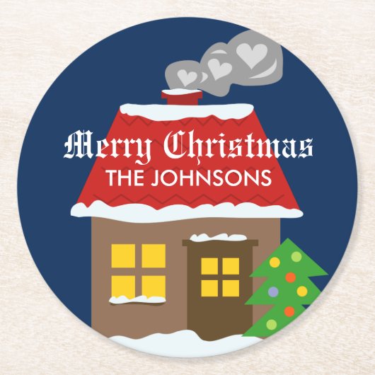 キュートな冬のキャビンのコテージを持つクリスマスのコースター ラウンドペーパーコースター (正面)