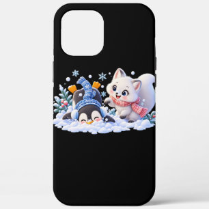 キュートな冬のホッキョクギツネとペンギンの雪遊び iPhone 12 PRO MAX ケース