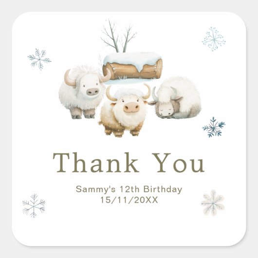 キュートな冬の北極牛の誕生日 スクエアシール (正面)