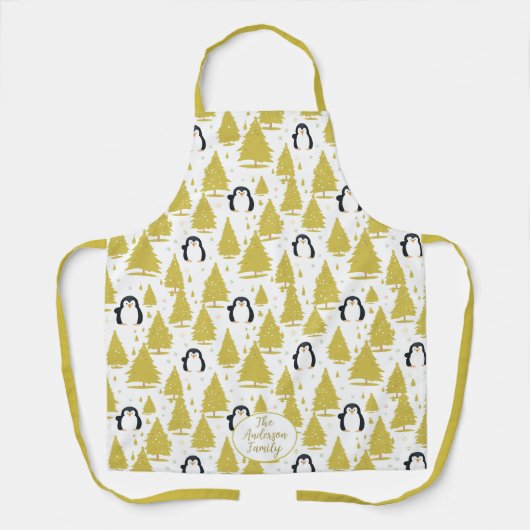 キュートな冬ペンギンのクリスマス金ゴールド エプロン (正面)