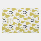 キュートな冬ペンギンのクリスマス金ゴールド キッチンタオル (横)