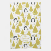 キュートな冬ペンギンのクリスマス金ゴールド キッチンタオル (縦)