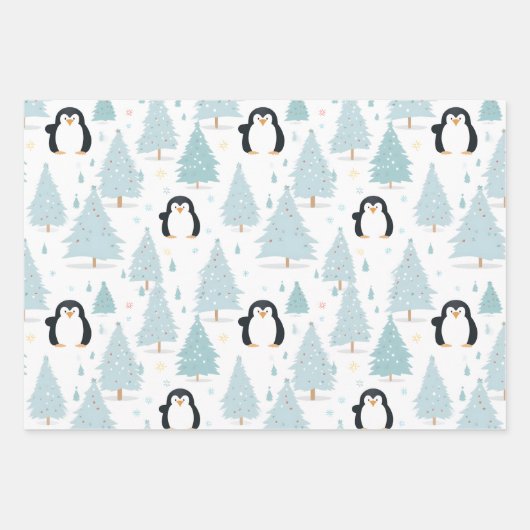 キュートな冬ペンギンピンクのクリスマス ラッピングペーパーシート (正面2)