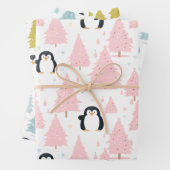 キュートな冬ペンギンピンクのクリスマス ラッピングペーパーシート (インサイチュ)