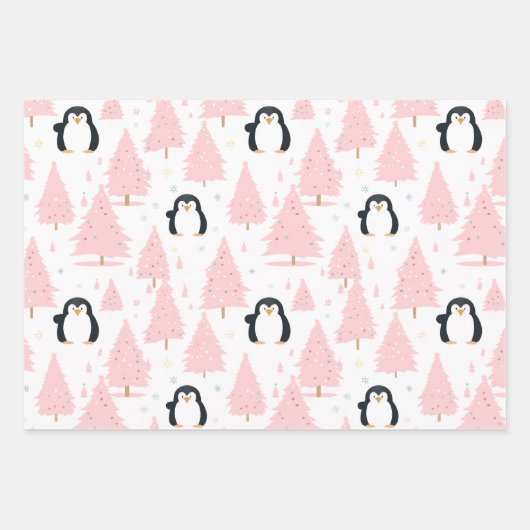 キュートな冬ペンギンピンクのクリスマス ラッピングペーパーシート (正面)