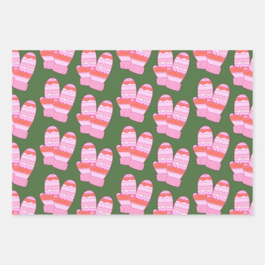 キュートな北欧ミトン模様（ピンクとグリーン） ラッピングペーパーシート (正面3)