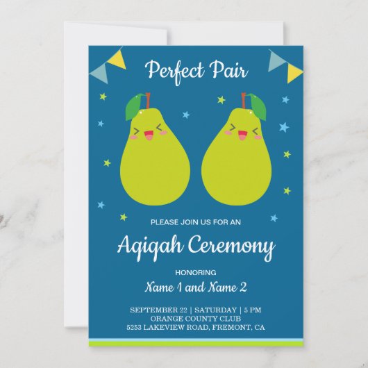 キュートな双子アクイカの「Perfect Pair Cute Pear Twins Aqiqah」 招待状 (正面)