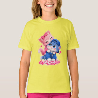 キュートな可愛いカップル猫の女性用Tシャツ | かわいい Tシャツ