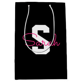 キュートな名前とモノグラム | ブラック ホワイト ピンク ミディアムペーパーバッグ