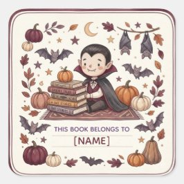 キュートな吸血鬼のハロウィーン蔵書票 個人名入り 子供用 スクエアシール