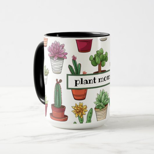 キュートな多肉植物とサボテン模様 マグカップ (正面左)