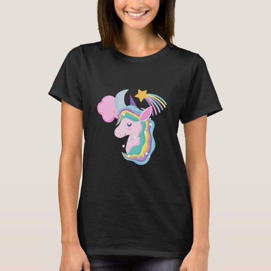 キュートな夜のユニコーン 星空のガールズTシャツ 魔法の世界 Tシャツ (正面)