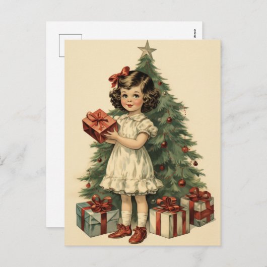 キュートな女の子とギフト中世紀スタイル シーズンポストカード (正面/裏面)