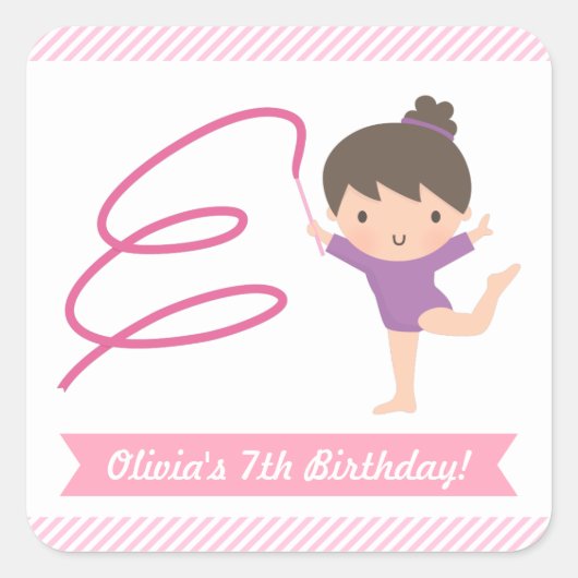キュートな女の子の体操キッズ誕生日パーティーラベル スクエアシール (正面)