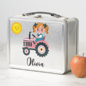 キュートな女の子オンピンクトラクターパーソナライズされた メタルランチボックス (インサイチュ)