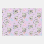 キュートな好奇心うさぎフローラパステルピンクブルー薄紫 ラッピングペーパーシート (正面2)