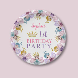 キュートな妖精のプリンセス ピンクとパープルの1歳の誕生日 ペーパープレート