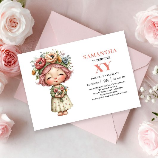 キュートな妖精の女の子の誕生日マジカルピンクブッシュ招待状 招待状