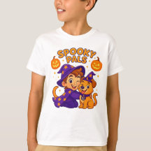 キュートな子供用ハロウィンTシャツ | 魔法使いの少年と犬