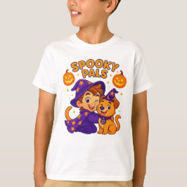 キュートな子供用ハロウィンTシャツ | 魔法使いの少年と犬 Tシャツ