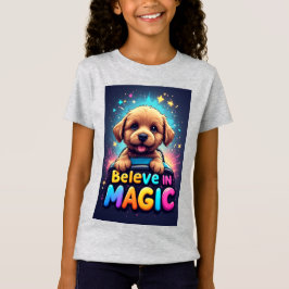 キュートな子犬のカラフルな「Believe In Magic」タイポグラフィ Tシャツ