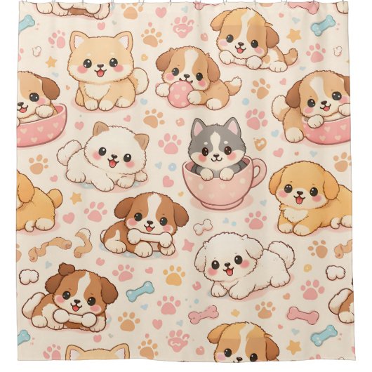 キュートな子犬のハートウォーターカラーパターン (5) シャワーカーテン (正面)