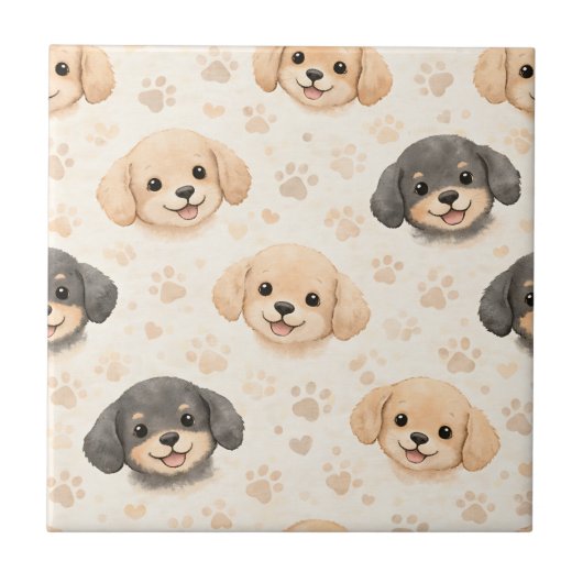 キュートな子犬のハート ウォーターカラーパターン (3) タイル (正面)