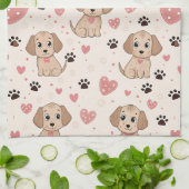 キュートな子犬のハート 水彩パターン (4) キッチンタオル (折り畳み)