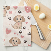 キュートな子犬のハート 水彩パターン (4) キッチンタオル (四つ折り)