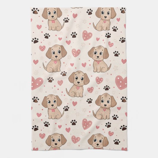 キュートな子犬のハート 水彩パターン (4) キッチンタオル (縦)