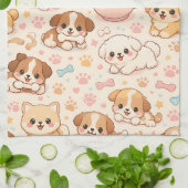 キュートな子犬のハート 水彩パターン (5) キッチンタオル (折り畳み)