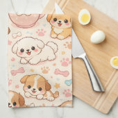 キュートな子犬のハート 水彩パターン (5) キッチンタオル (四つ折り)