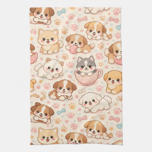キュートな子犬のハート 水彩パターン (5) キッチンタオル (縦)