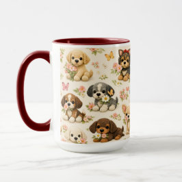 キュートな子犬の花と蝶々マグカップ - 遊び心のある犬のアート マグカップ