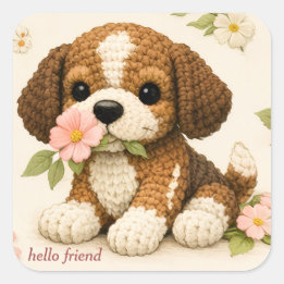 キュートな子犬の花と蝶のステッカー – 幻想的 スクエアシール