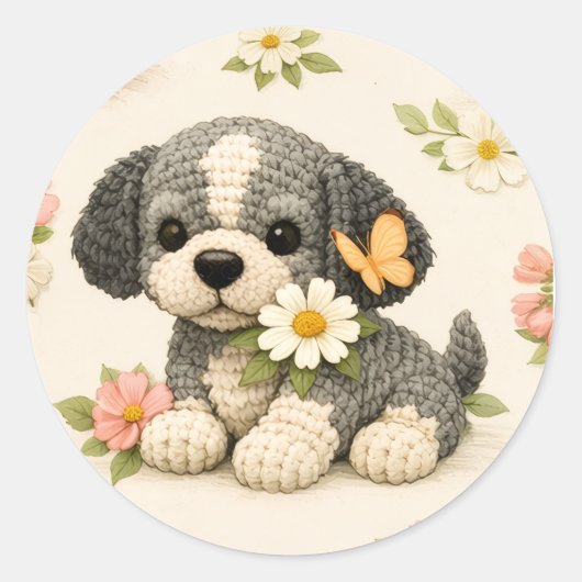 キュートな子犬の花と蝶のステッカー – 幻想的 ラウンドシール (正面)