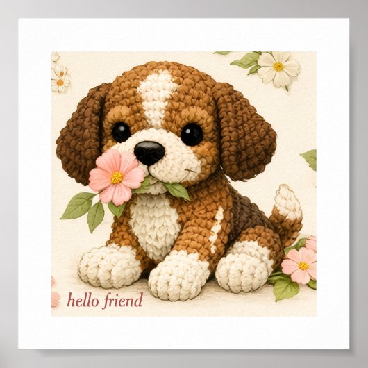 キュートな子犬の花と蝶のポスター – かぎ針編みのニット ポスター (正面)