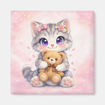 キュートな子猫がテディベアを抱っこしたスクエアマグネット
